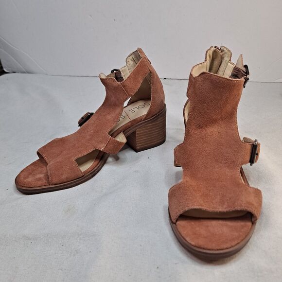 Sole Society Tonni Sandals Womens 7M Brown Suede Cutout Block Heel Rear Zip - Picture 2 of 10